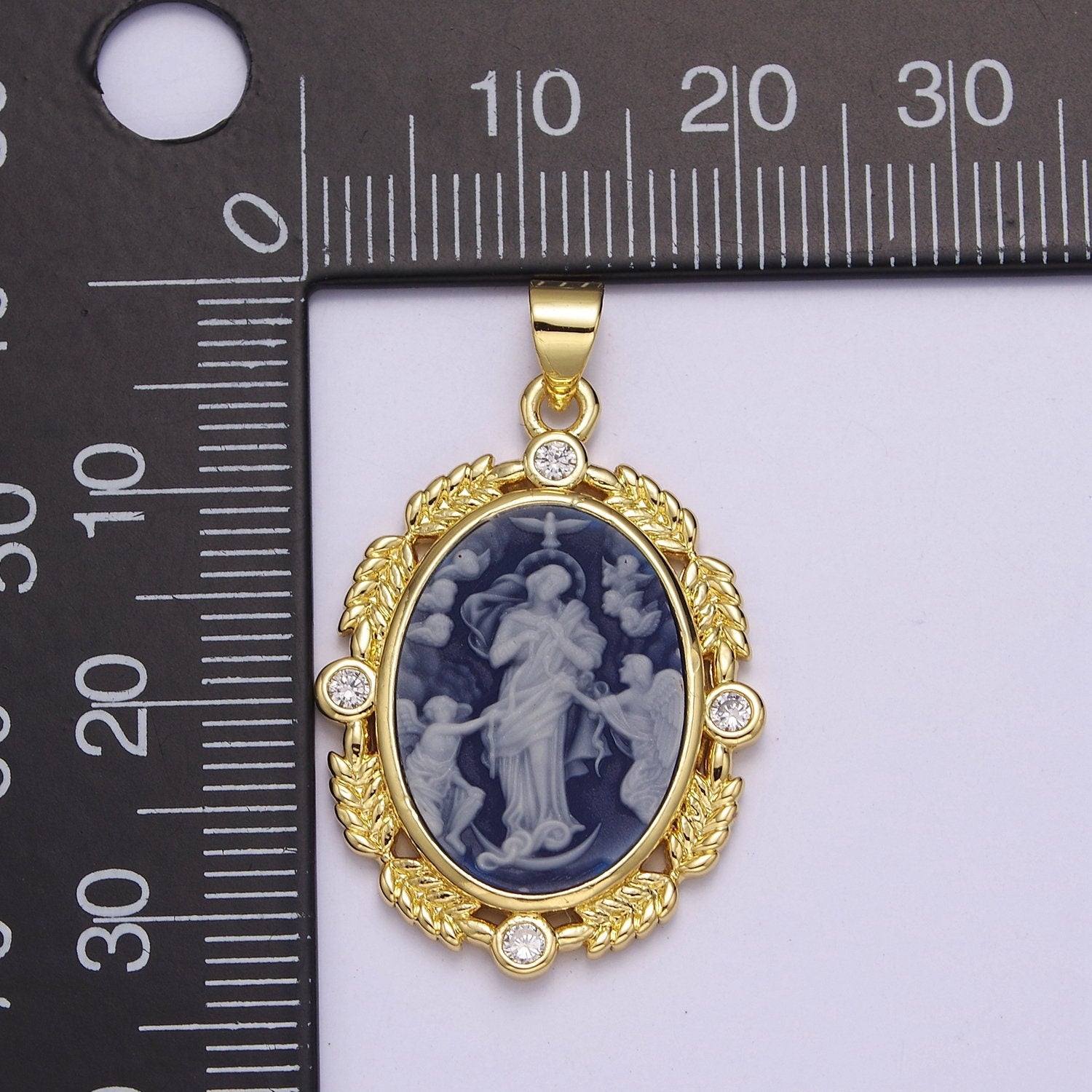 Dainty Micro Pave Blue Agate Jesus pendant Angel cameo Religious jewelry Charm Necklace J-327