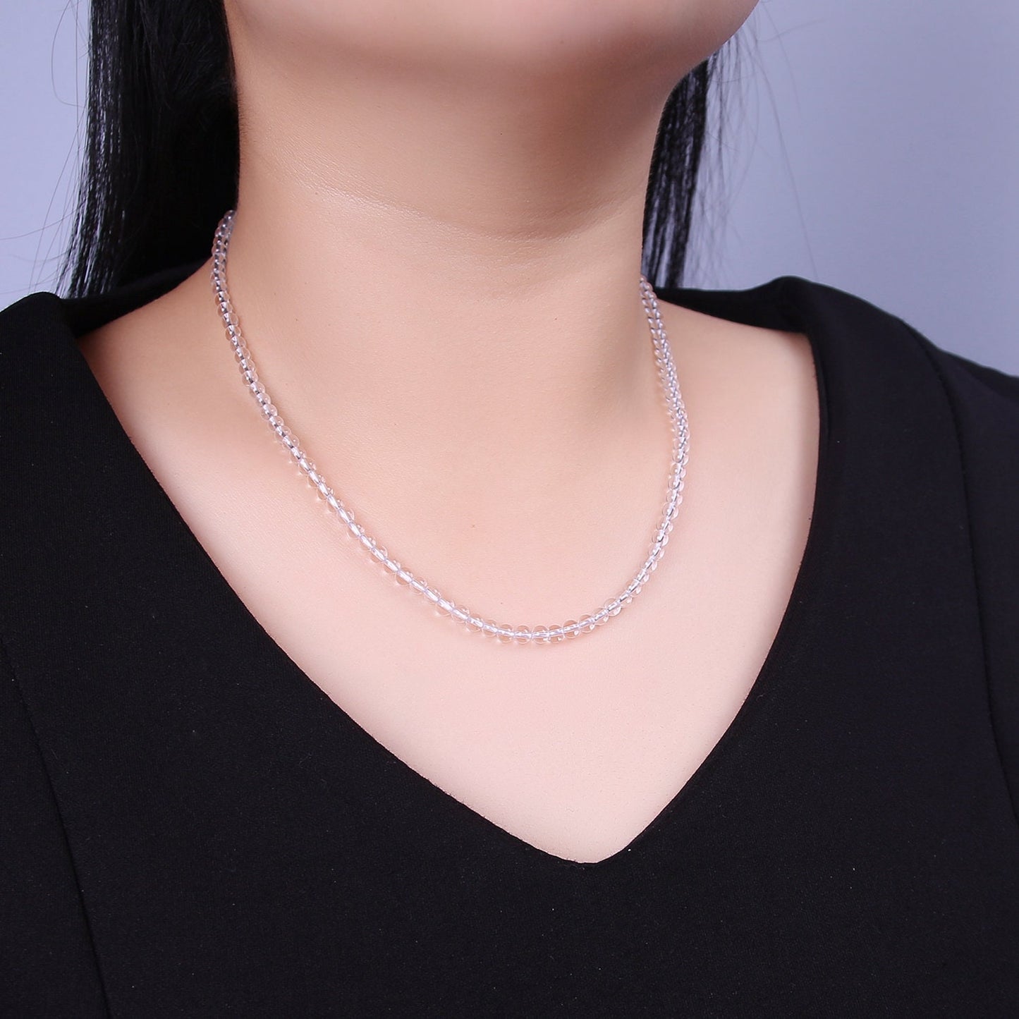 Clear Quartz Necklace, Clear Beaded Necklace, Clear Gemstone Necklace 15.5 inch + 2" extender Dainty Layer Necklace, Gold Filled WA-874
