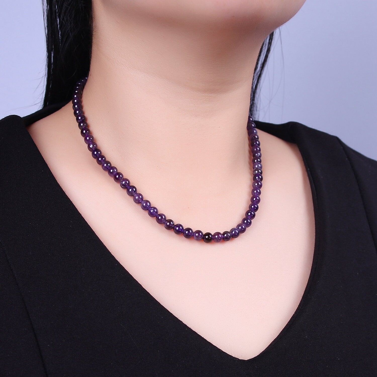 AAA++ Natural Amethyst Beaded Necklace, 6mm Purple Amethyst Smooth Round Bead Necklace 18k Gold Filled Gemstone Necklace Jewelry WA-858