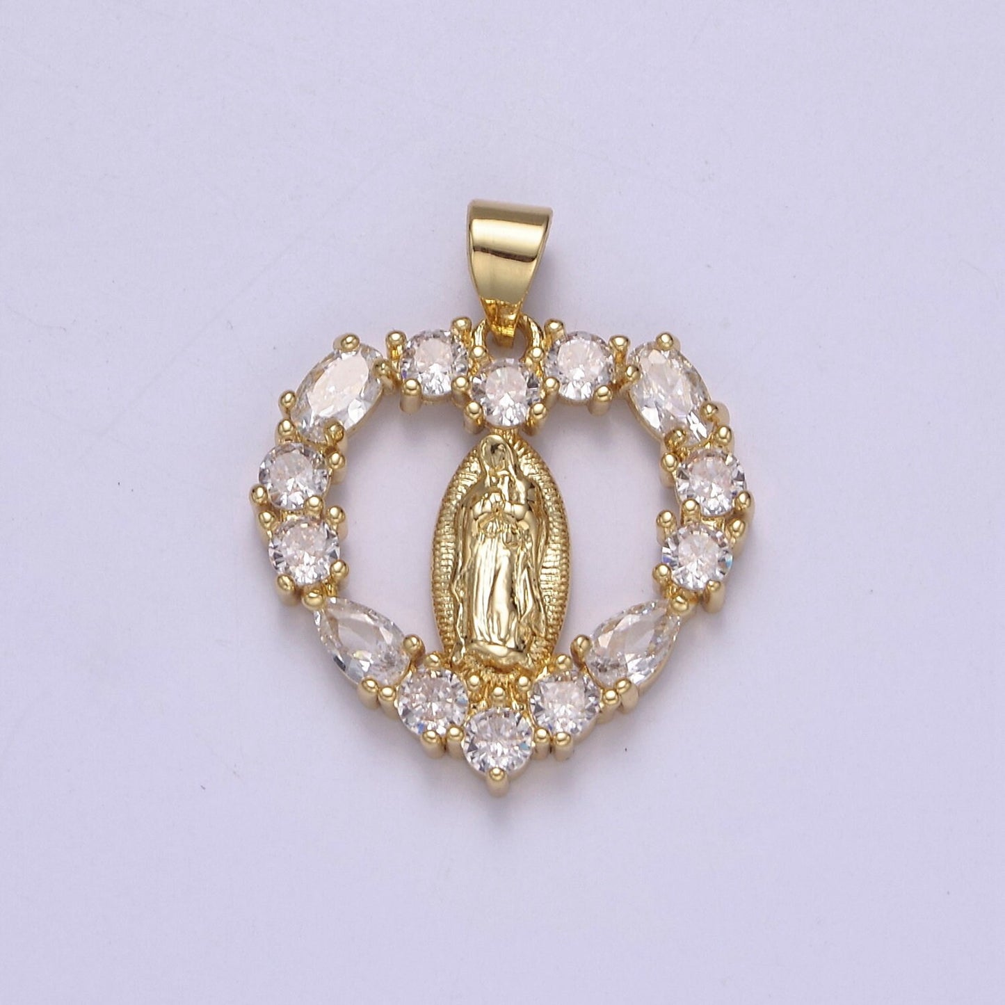 14K Gold Virgin Mary On Heart Emblem Shape Pendant Religious Charm Lady Guadalupe Pave Pendant, Dainty Gold Charm J-357