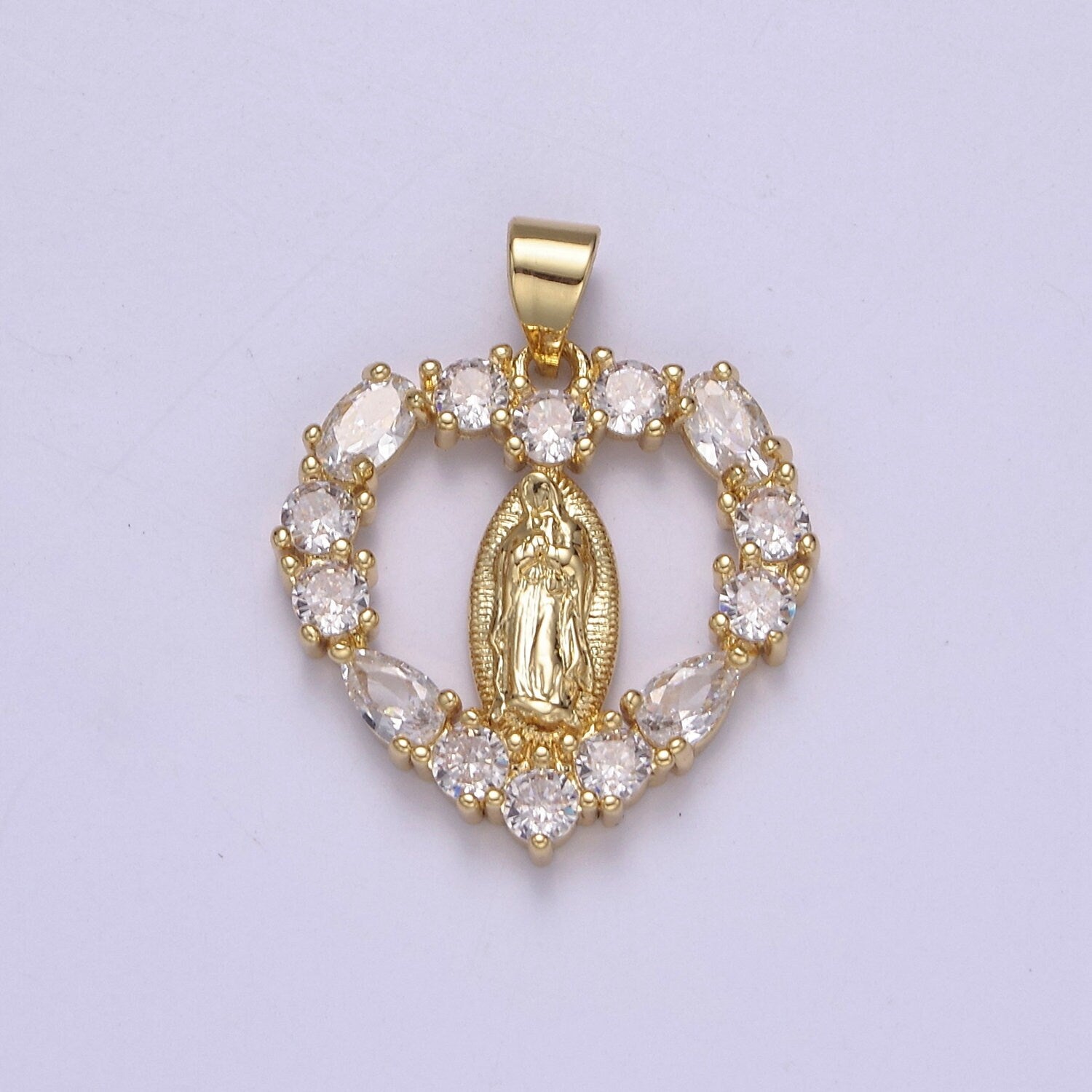 14K Gold Virgin Mary On Heart Emblem Shape Pendant Religious Charm Lady Guadalupe Pave Pendant, Dainty Gold Charm J-357
