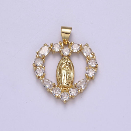 14K Gold Virgin Mary On Heart Emblem Shape Pendant Religious Charm Lady Guadalupe Pave Pendant, Dainty Gold Charm J-357