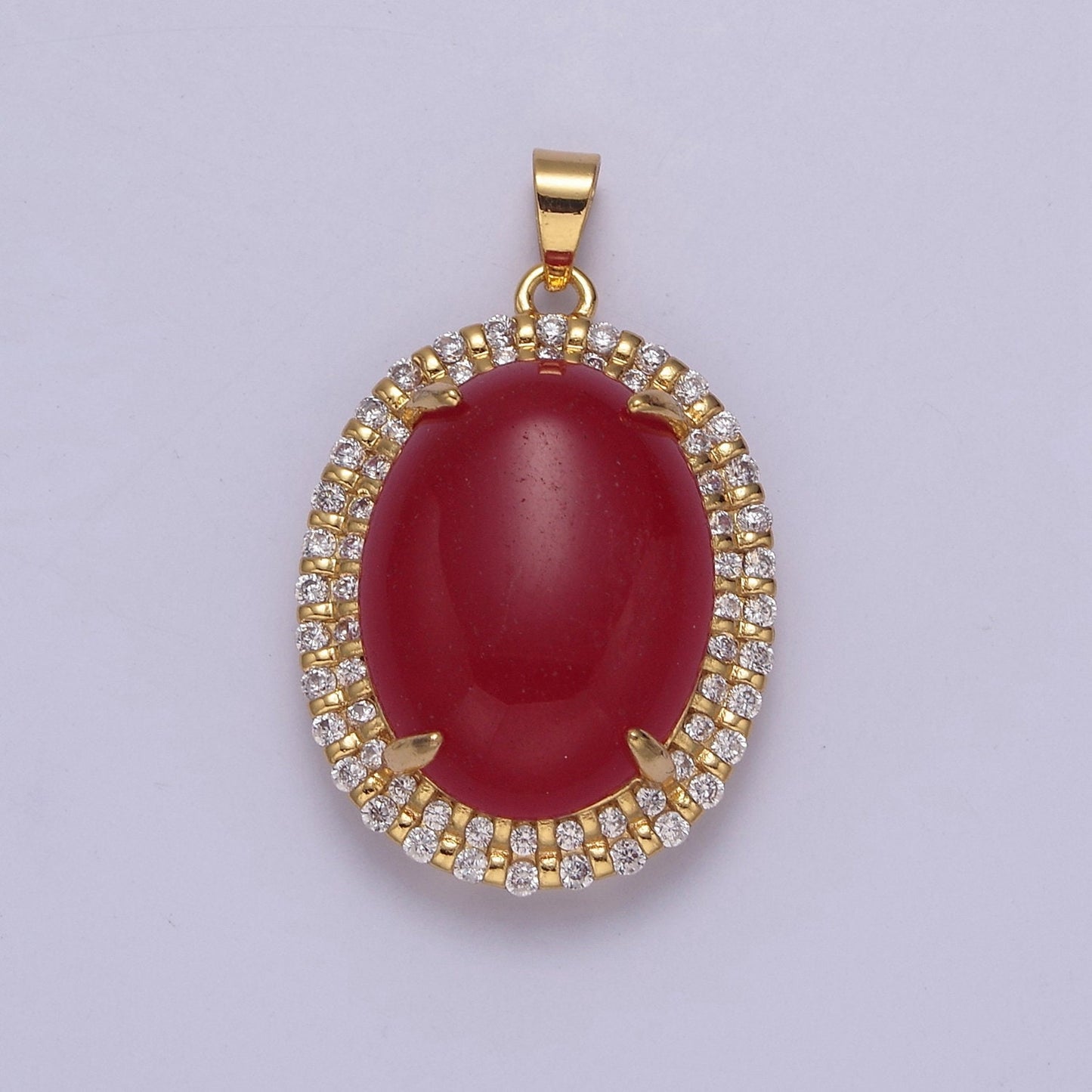 Genuine Red Oval Shaped with Clear Cubic Zircon Jade Pendant W-636