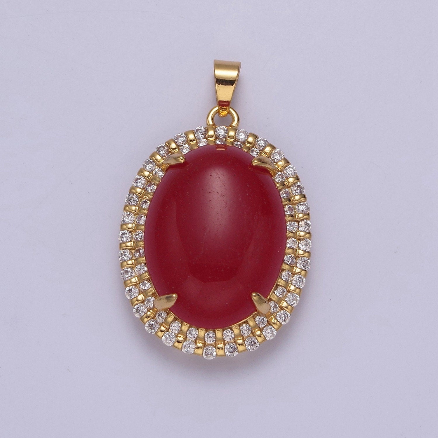 Genuine Red Oval Shaped with Clear Cubic Zircon Jade Pendant W-636