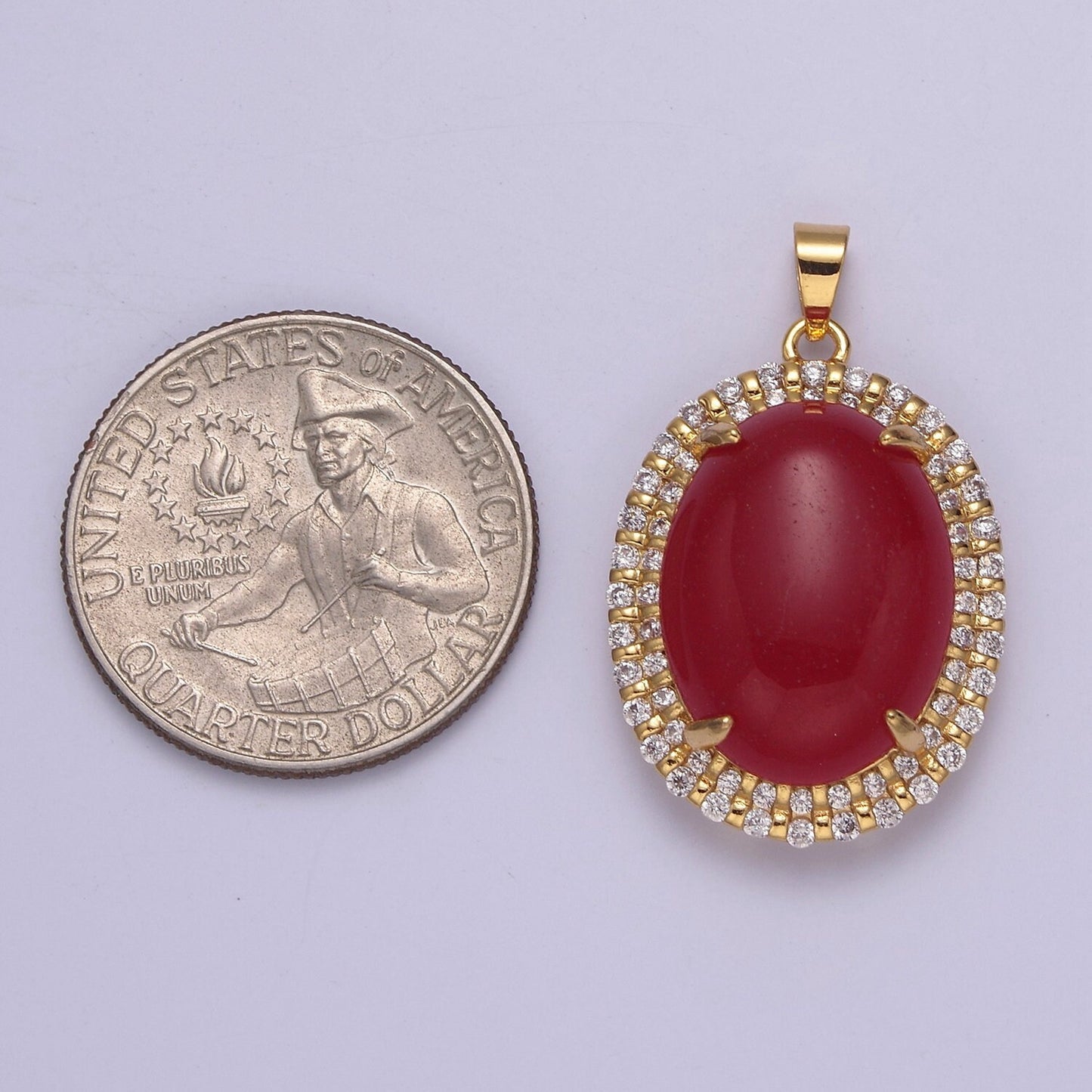 Genuine Red Oval Shaped with Clear Cubic Zircon Jade Pendant W-636