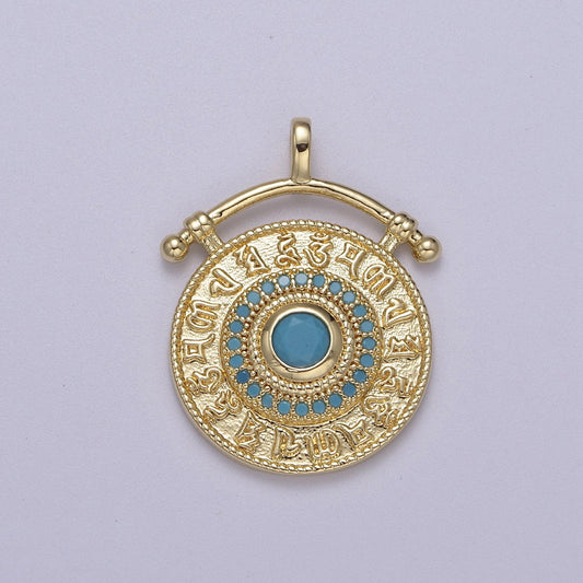 Gold Zodiac Signs Pendant Charm with Turquoise Stone, Gold Round 12 Zodiacs Medallion J-520