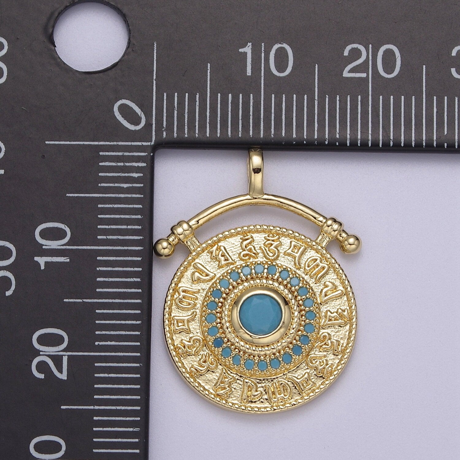 Gold Zodiac Signs Pendant Charm with Turquoise Stone, Gold Round 12 Zodiacs Medallion J-520