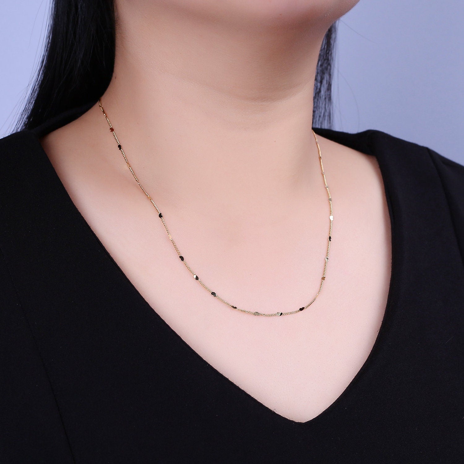 Tiny Heart Necklace in Gold Disc Satellite Chain 24k Gold Filled Curb Chain Dainty Necklace WA-872