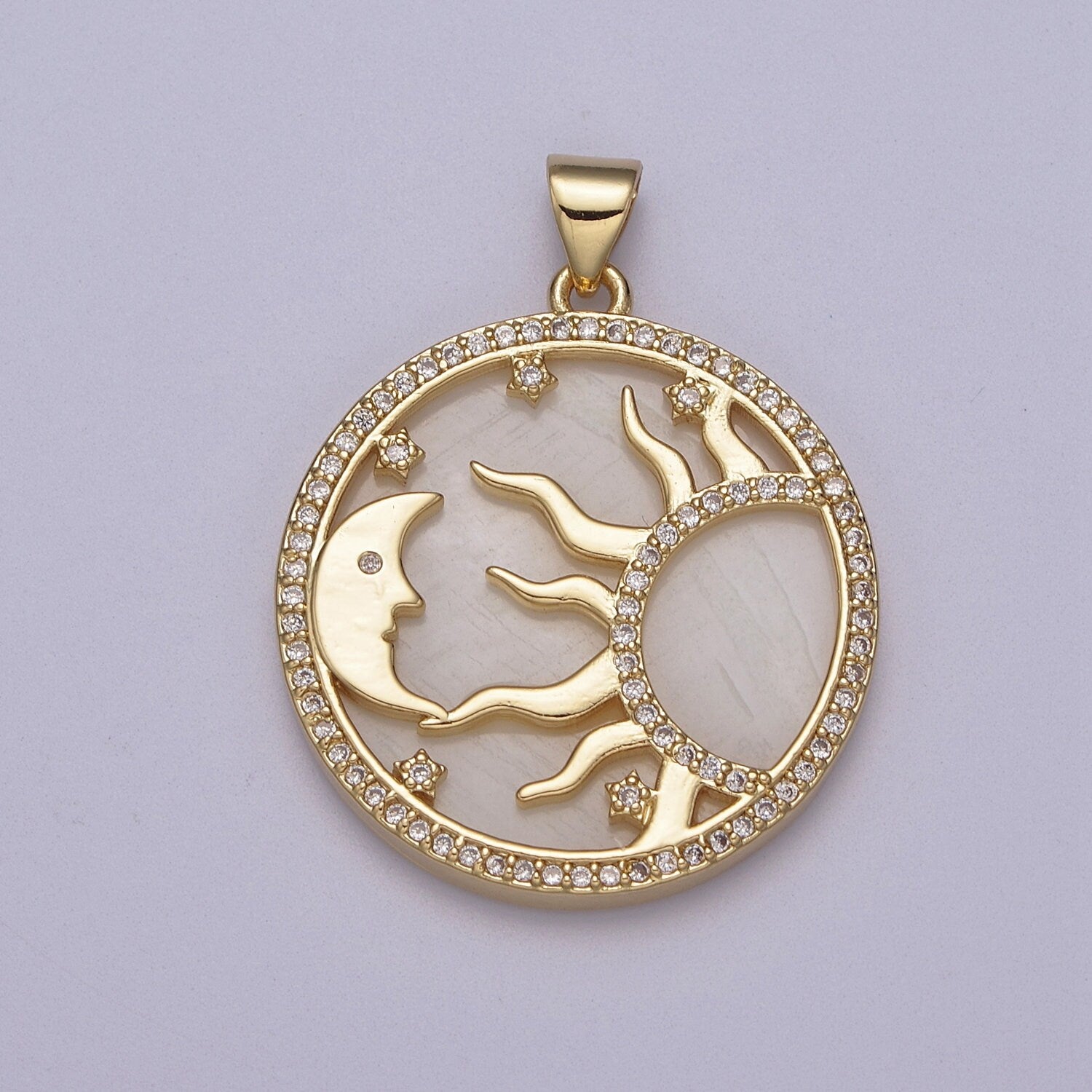 Dainty Pearl Gold Good Morning Charm with Cubic Zirconia Star Moon Sun Ray Pendant J-420