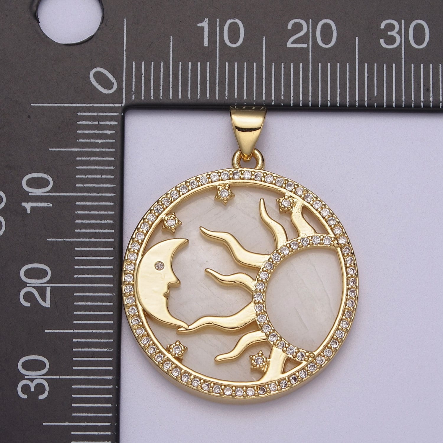 Dainty Pearl Gold Good Morning Charm with Cubic Zirconia Star Moon Sun Ray Pendant J-420