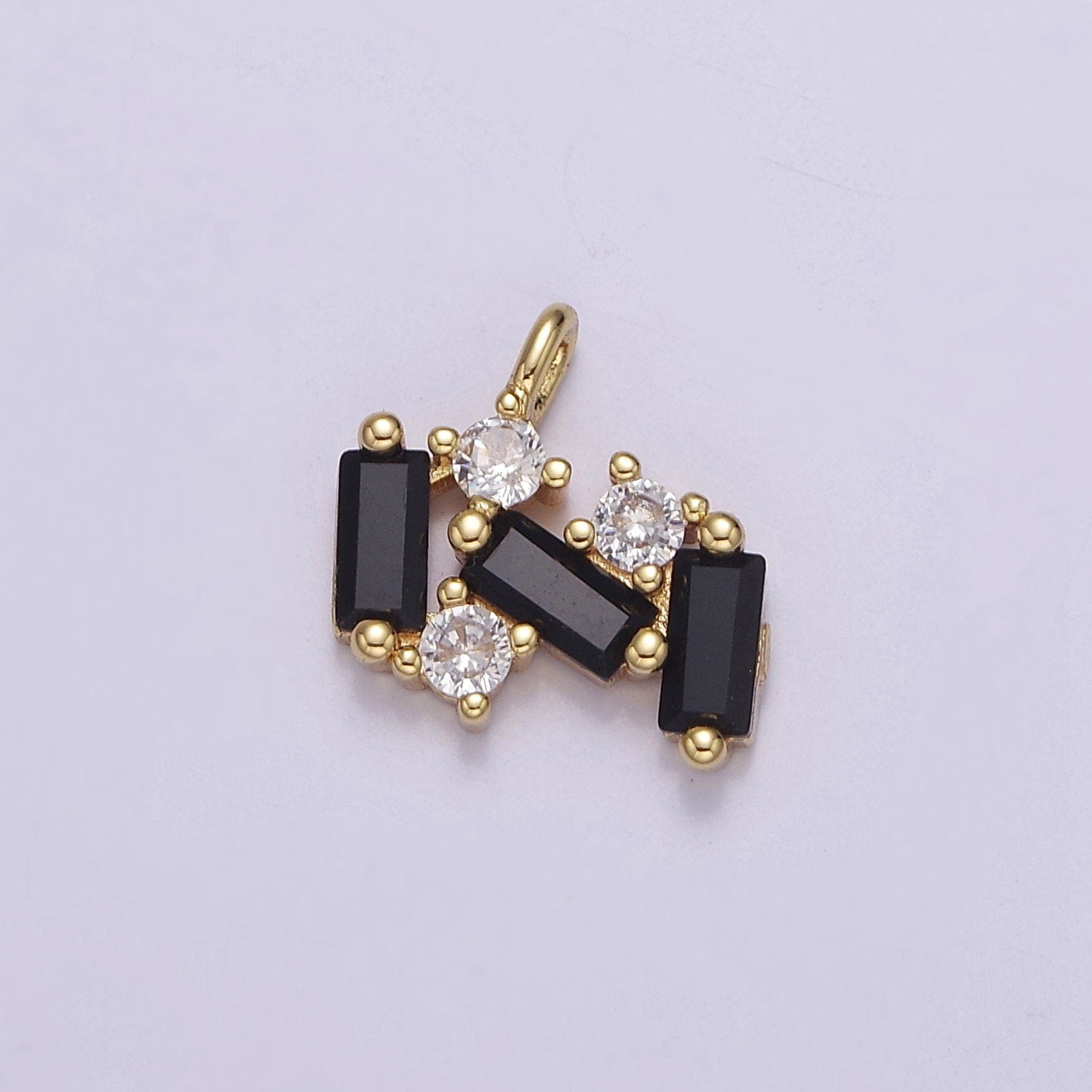 Triple Black Onyx Baguette Cubic Zirconia Charm with Clear Round CZ Charm For Jewelry Necklace Bracelet Anklet Making, J-398