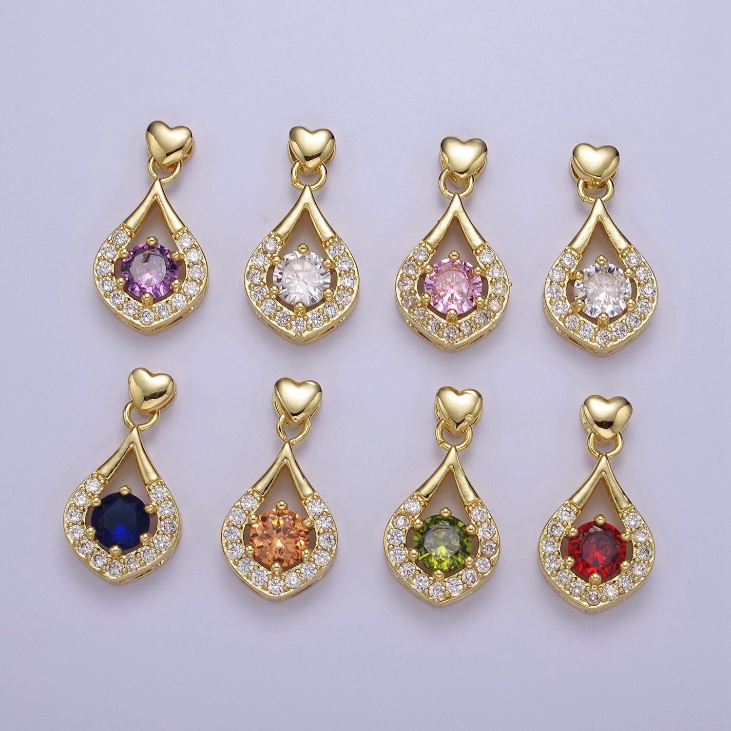 Multicolor Teardrop Cubic Zirconia CZ Stone Pendant Charm with Heart Gold Bail For Jewelry Necklace Making, J-582