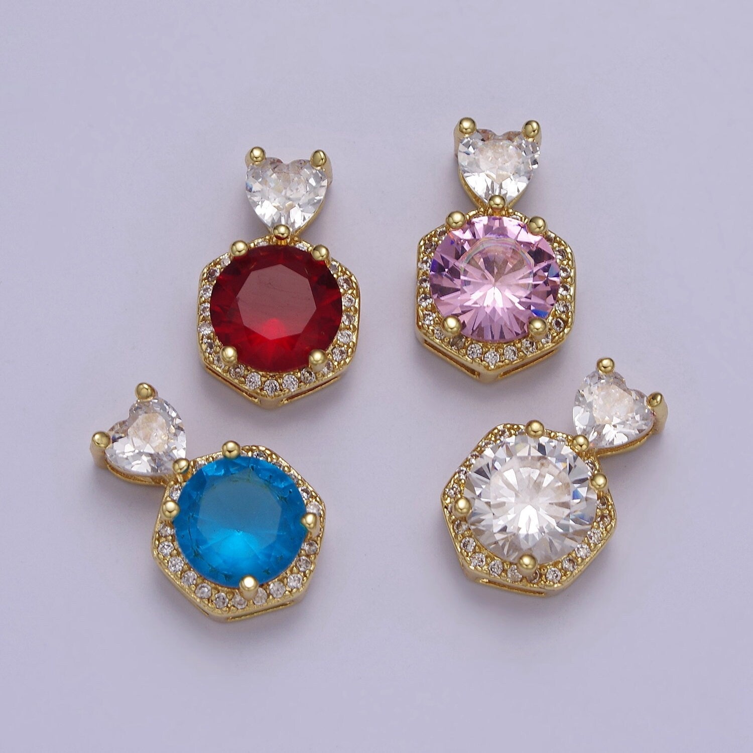 Gold Multicolor Round Cubic Zirconia CZ Stone Pendant Charm with Heart CZ Bail For Jewelry Necklace Making, J-567