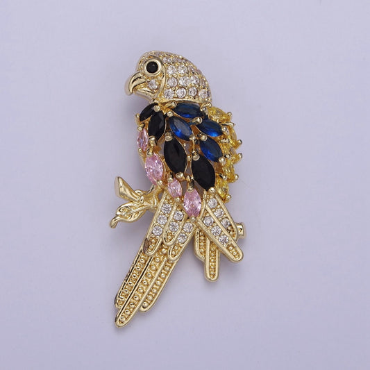 Micro Pave Parrot Bird Pendant with Black Blue Pink Cubic Zirconia CZ Feather, Charm For Jewelry Necklace Making, J-529