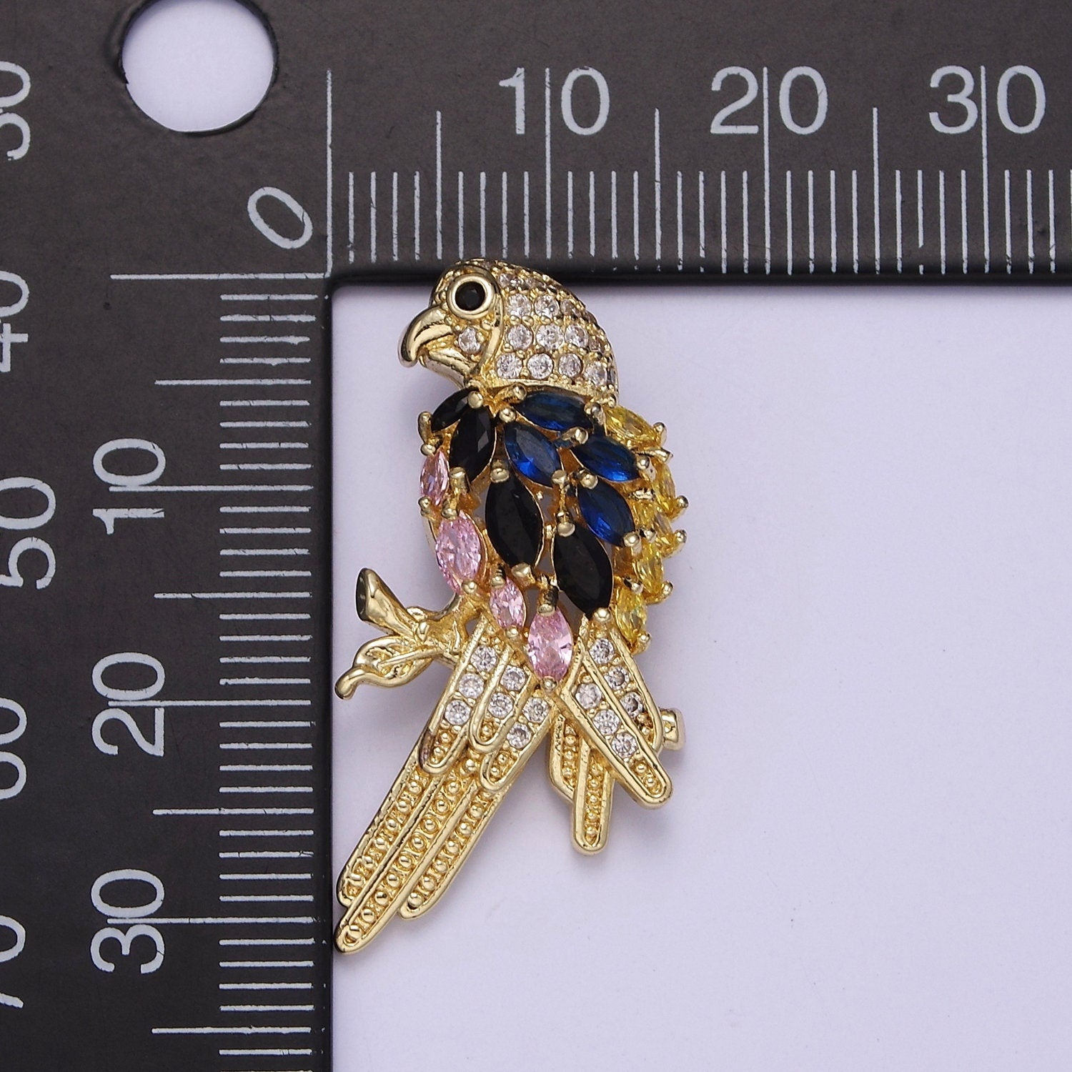Micro Pave Parrot Bird Pendant with Black Blue Pink Cubic Zirconia CZ Feather, Charm For Jewelry Necklace Making, J-529