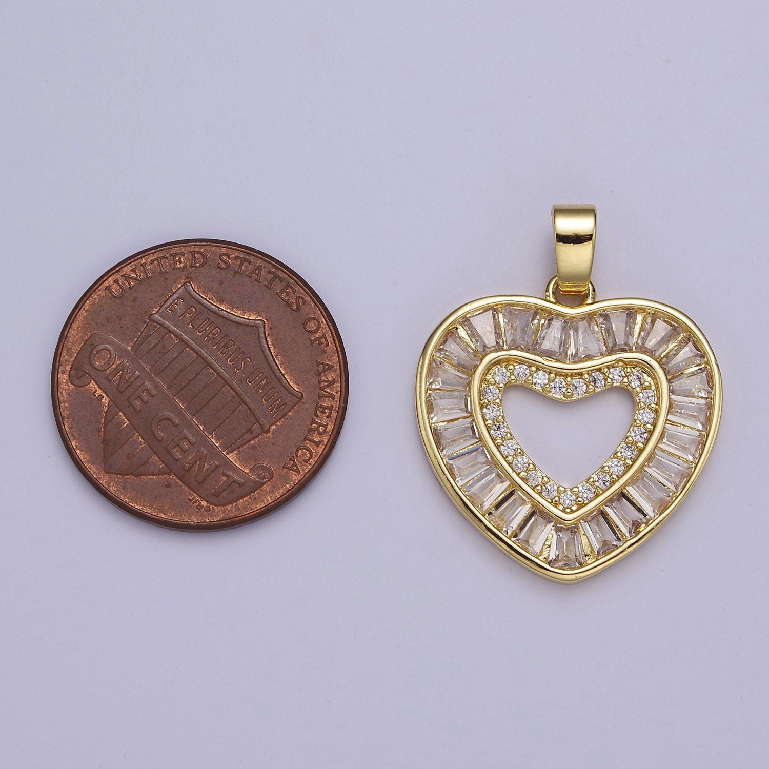 14K Gold Filled Golden Heart Pendant Micro Pave Clear Baguette Love Valentine Heart Pendant For Jewelry Making, J-533