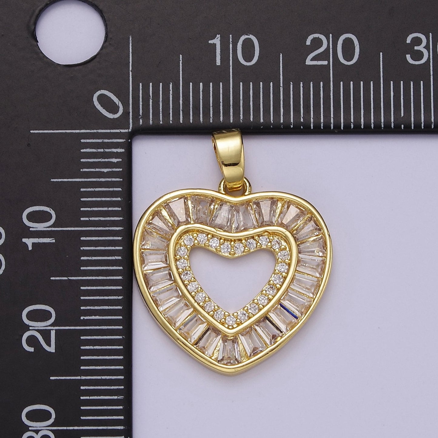 14K Gold Filled Golden Heart Pendant Micro Pave Clear Baguette Love Valentine Heart Pendant For Jewelry Making, J-533