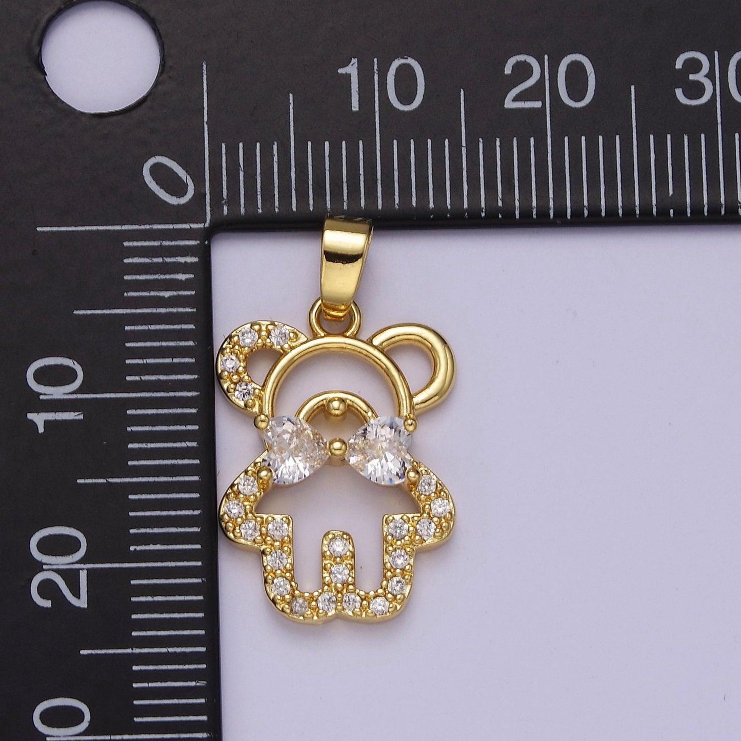 Gold Micro Pave Gentlemen Teddy Bear with Clear Cubic Zirconia Bowtie Pendant For Jewelry Making, J-540