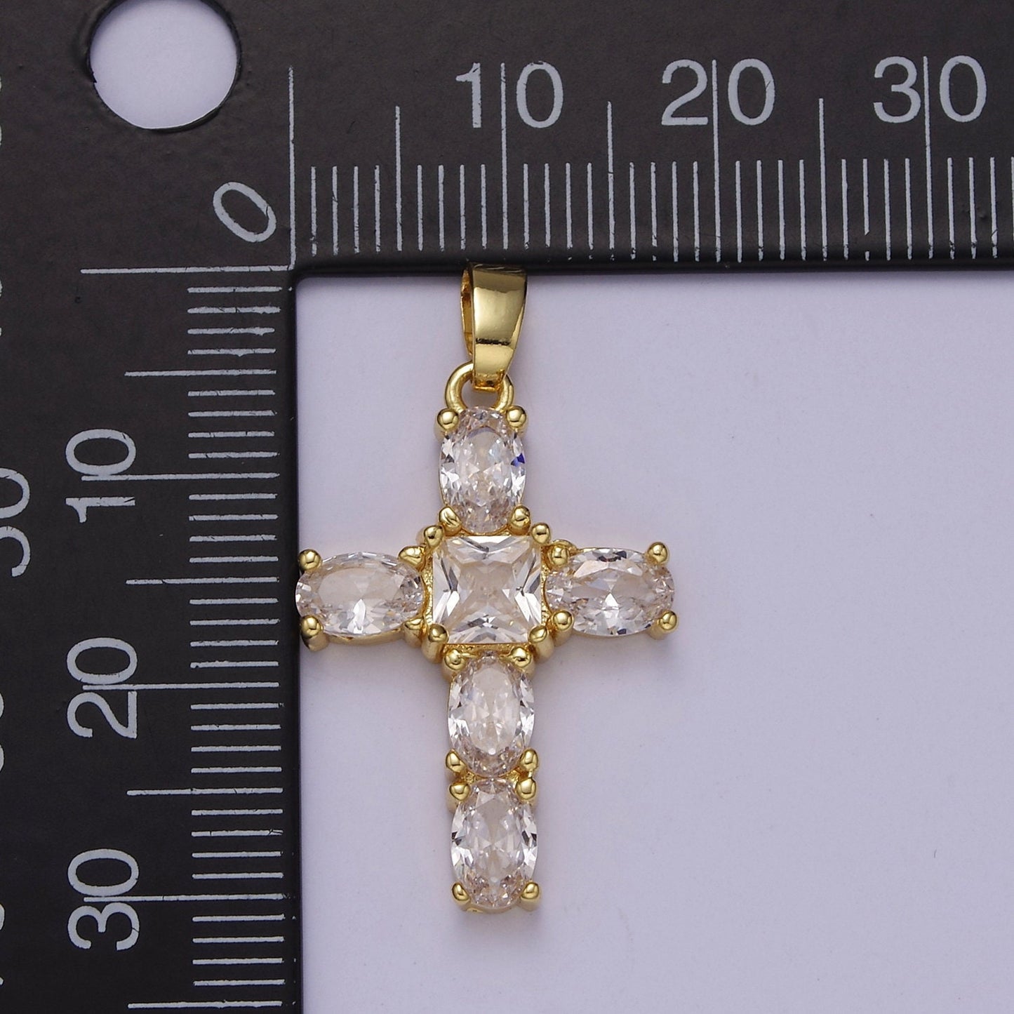 Gold Cross Square-Cut Baguette Cubic Zirconia Pendant, Religious Christian Charm For Jewelry Making, J-539
