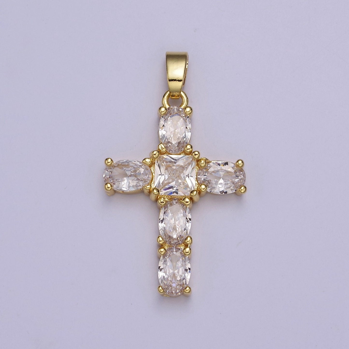 Gold Cross Square-Cut Baguette Cubic Zirconia Pendant, Religious Christian Charm For Jewelry Making, J-539