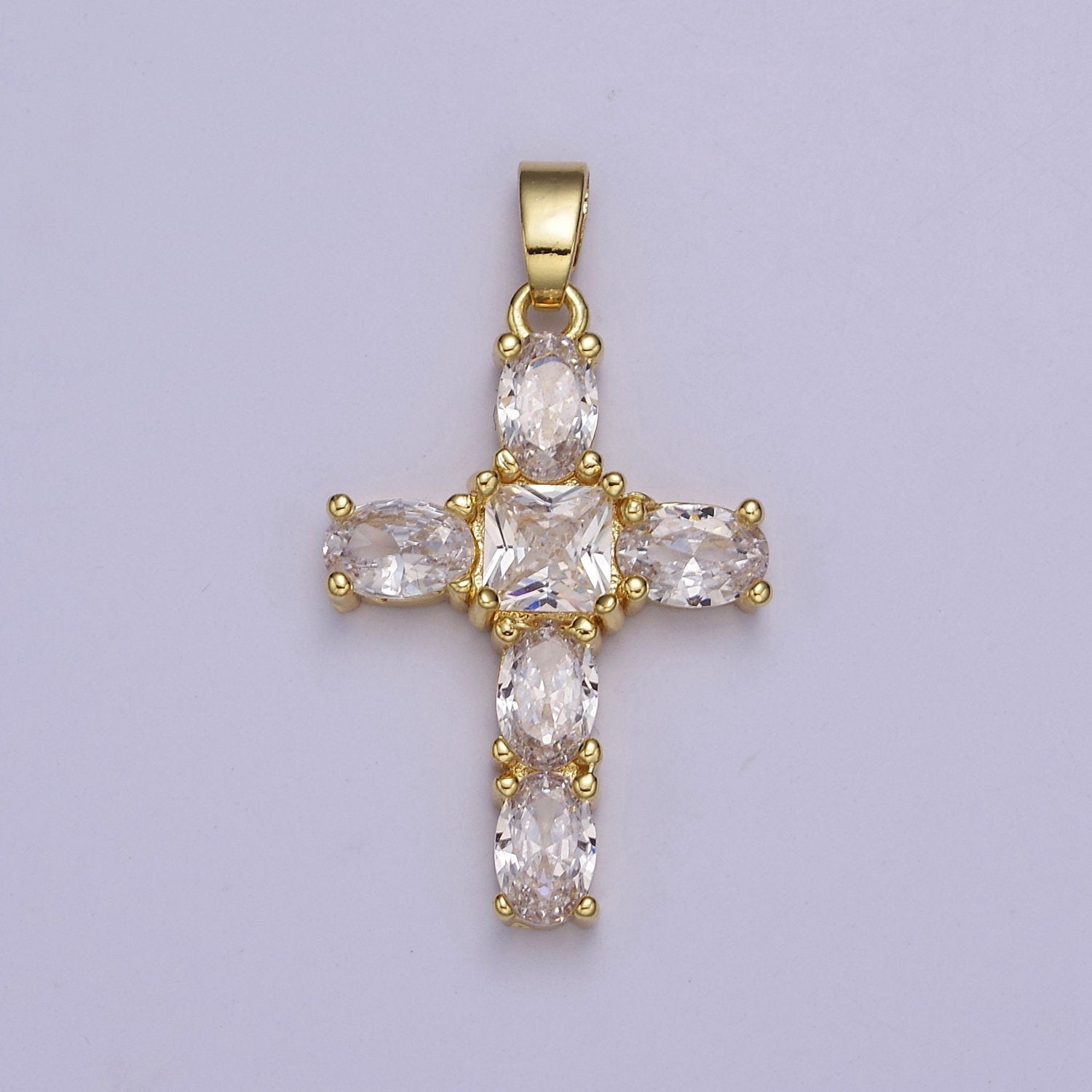 Gold Cross Square-Cut Baguette Cubic Zirconia Pendant, Religious Christian Charm For Jewelry Making, J-539