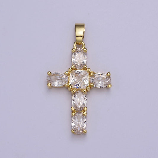 Gold Cross Square-Cut Baguette Cubic Zirconia Pendant, Religious Christian Charm For Jewelry Making, J-539