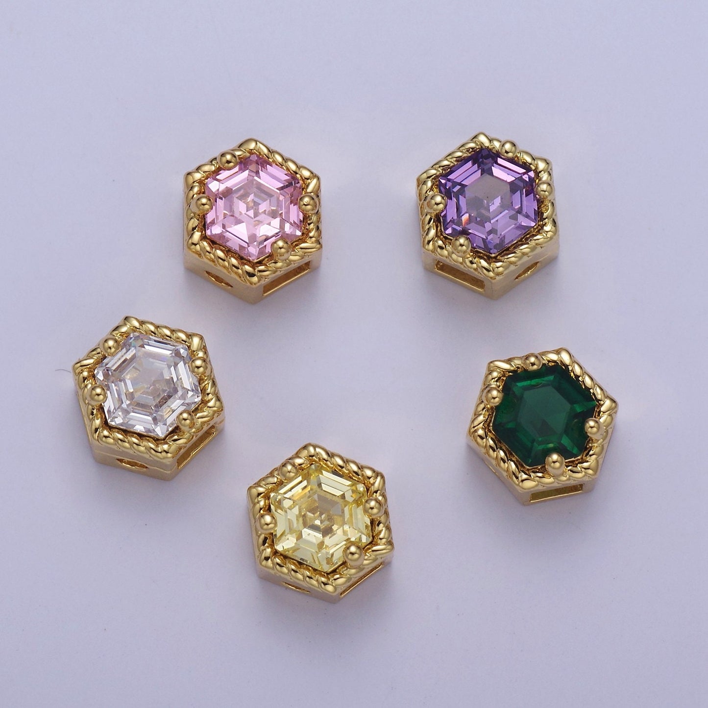 24K Gold Filled Octagon Bead Spacer CZ Micro Pave Geometric Bead Connector Charm Bracelet Necklace for DIY Jewelry Making Supply B-340