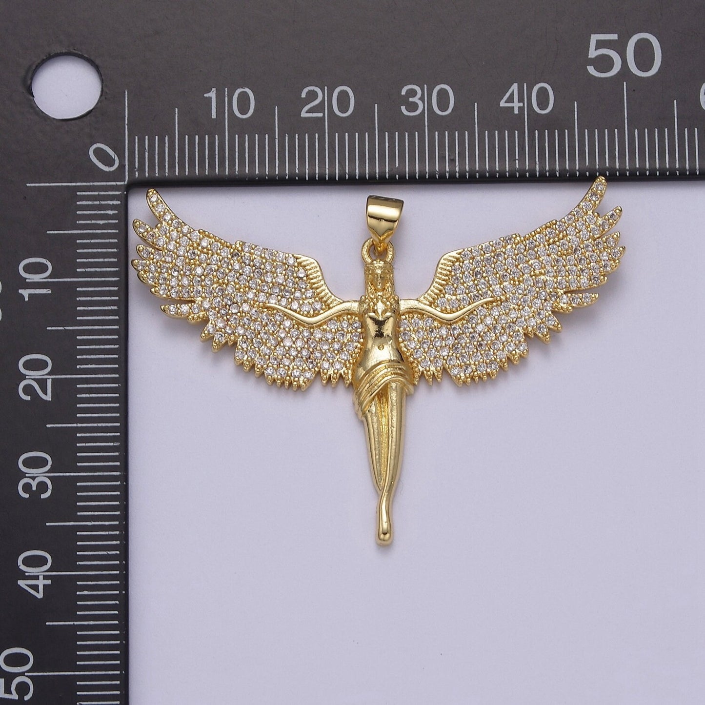 Big Gold Angel Necklace Pendant Ascending Wings with Cubic Zirconia Stones Archangel Guardian Angel Religious Jewelry Patron Saint J-347