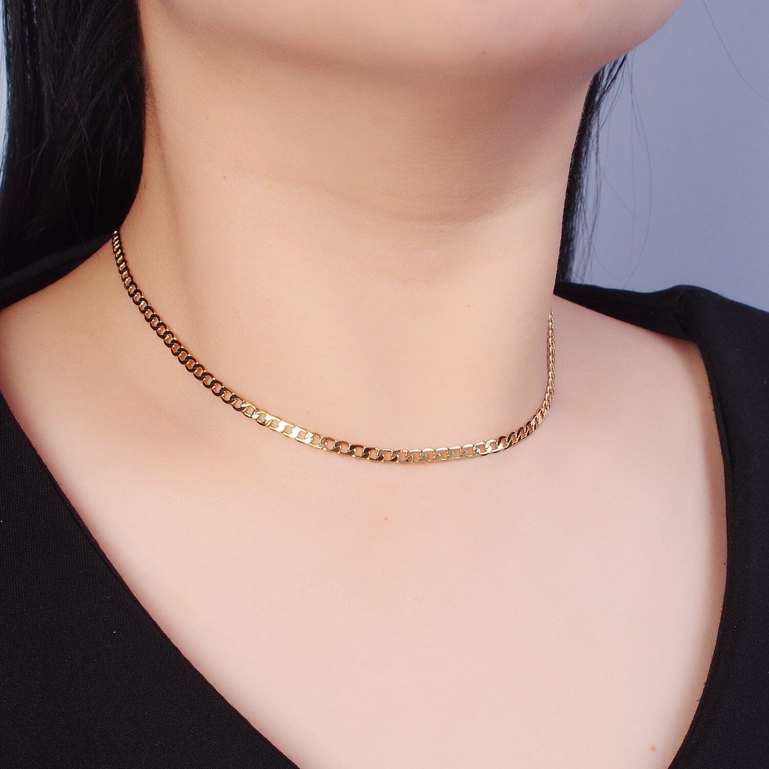 Dainty Flat Curb Chain 18k Gold Filled Chain, Thin Choker Layer Necklace 3.4mm, Chain WA-906 WA-907 WA-908
