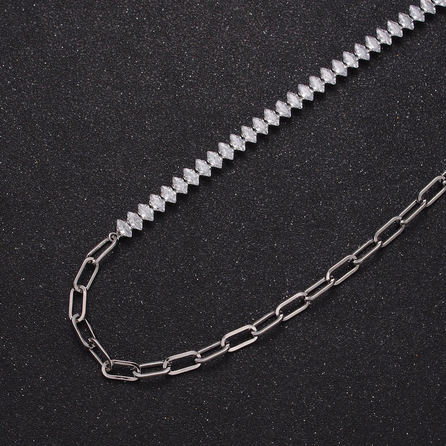 Gold Filled 16 Inch Half Clear CZ Marquise Tennis Chain, Half Paperclip Chain Necklace in Gold & Silver Color, WA-957 WA-958