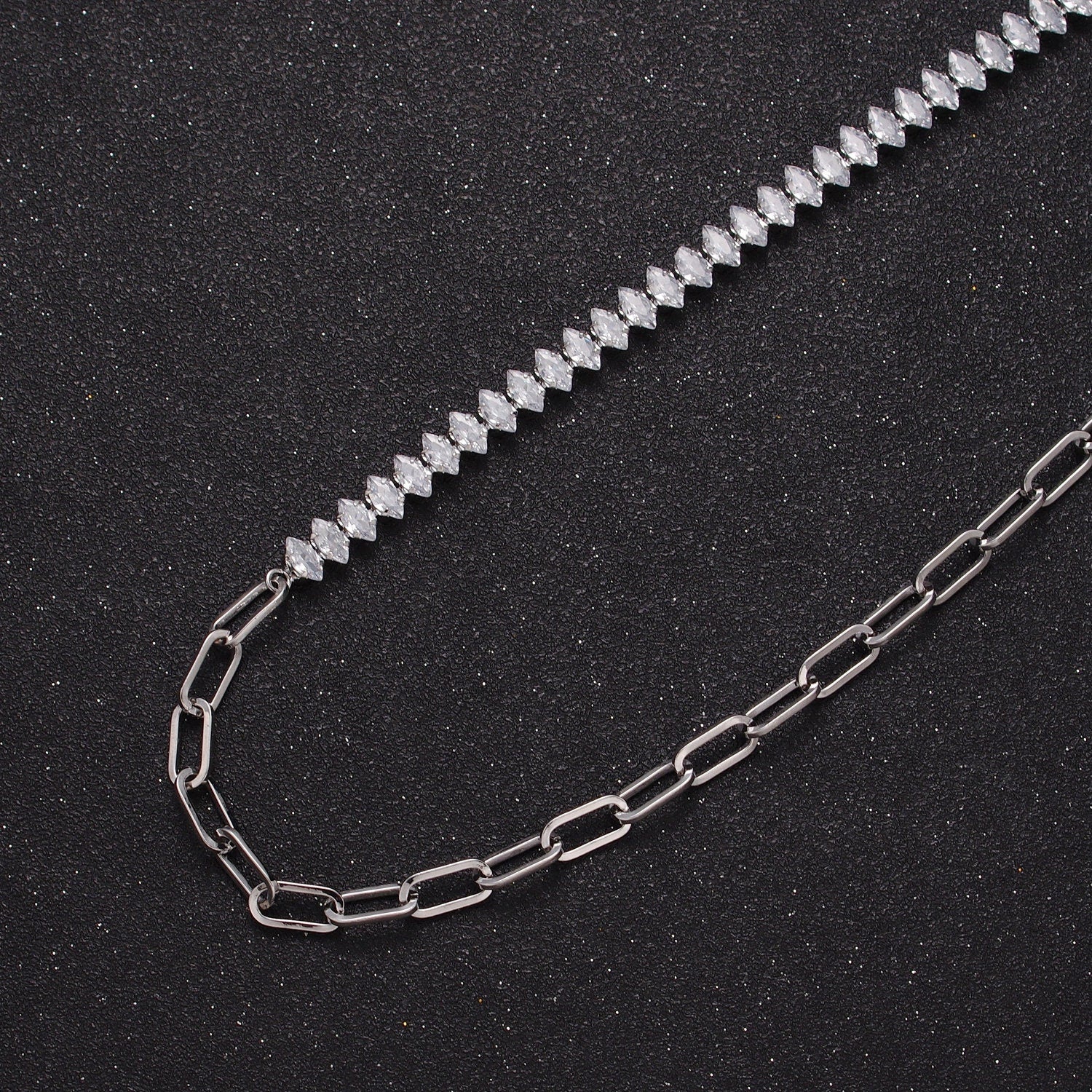 Gold Filled 16 Inch Half Clear CZ Marquise Tennis Chain, Half Paperclip Chain Necklace in Gold & Silver Color, WA-957 WA-958