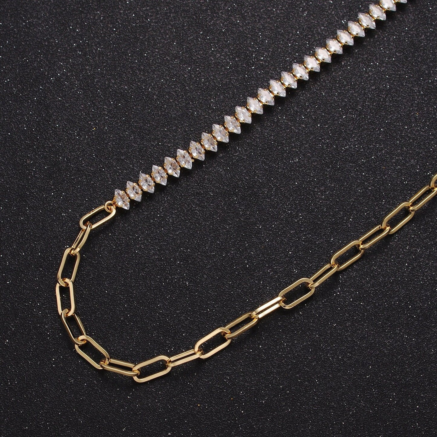 Gold Filled 16 Inch Half Clear CZ Marquise Tennis Chain, Half Paperclip Chain Necklace in Gold & Silver Color, WA-957 WA-958