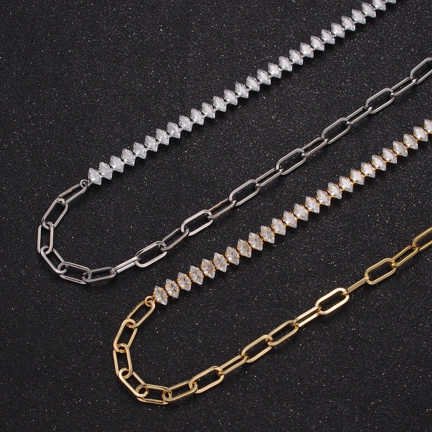 Gold Filled 16 Inch Half Clear CZ Marquise Tennis Chain, Half Paperclip Chain Necklace in Gold & Silver Color, WA-957 WA-958