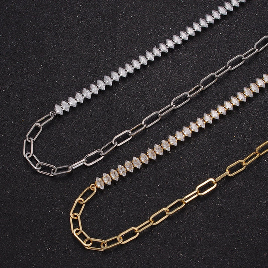 Gold Filled 16 Inch Half Clear CZ Marquise Tennis Chain, Half Paperclip Chain Necklace in Gold & Silver Color, WA-957 WA-958