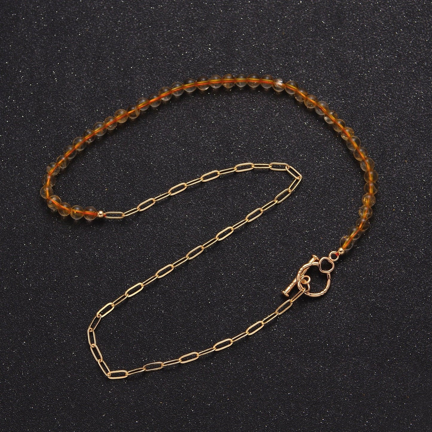 Dainty Half Bead Half Link Chain Necklace, 24k Gold Filled Paperclip Chain with Yellow Quartz Necklace WA-964