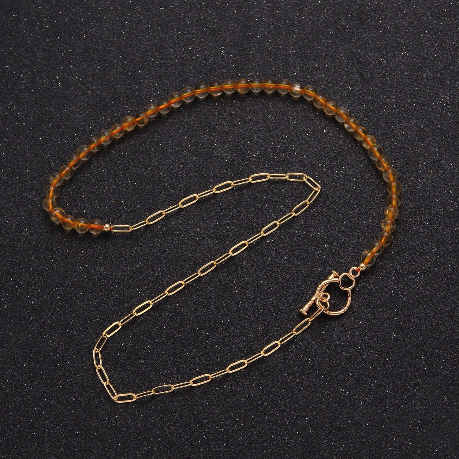 Dainty Half Bead Half Link Chain Necklace, 24k Gold Filled Paperclip Chain with Yellow Quartz Necklace WA-964