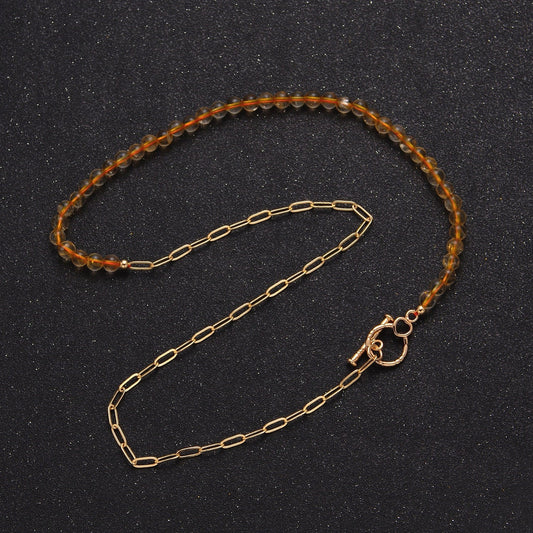 Dainty Half Bead Half Link Chain Necklace, 24k Gold Filled Paperclip Chain with Yellow Quartz Necklace WA-964