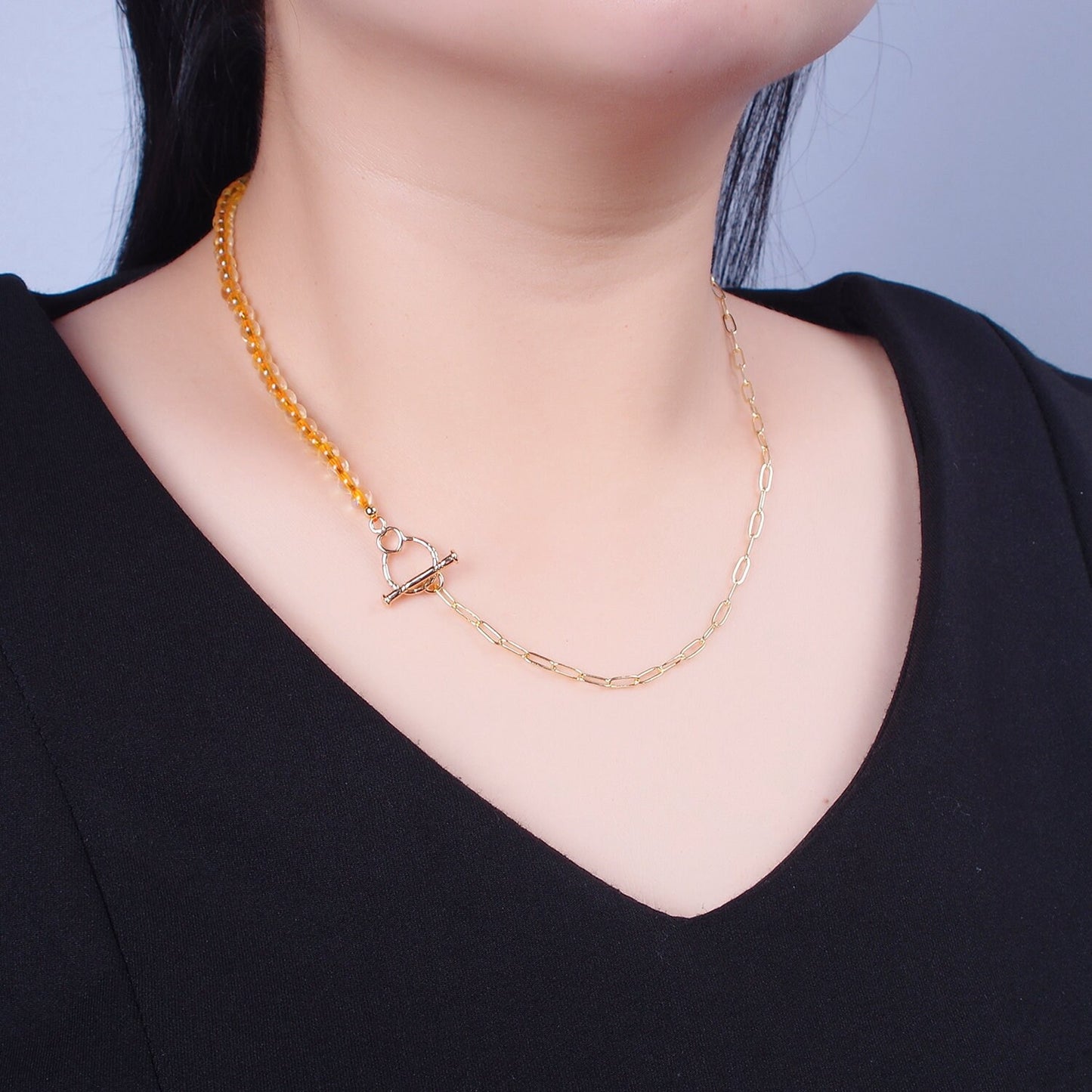 Dainty Half Bead Half Link Chain Necklace, 24k Gold Filled Paperclip Chain with Yellow Quartz Necklace WA-964
