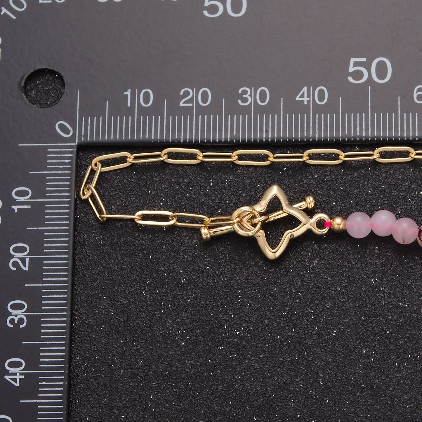Dainty Half Bead Half Link Chain Necklace, 24k Gold Filled Paperclip Chain with Pink Jade Necklace Toggle Clasp WA-972