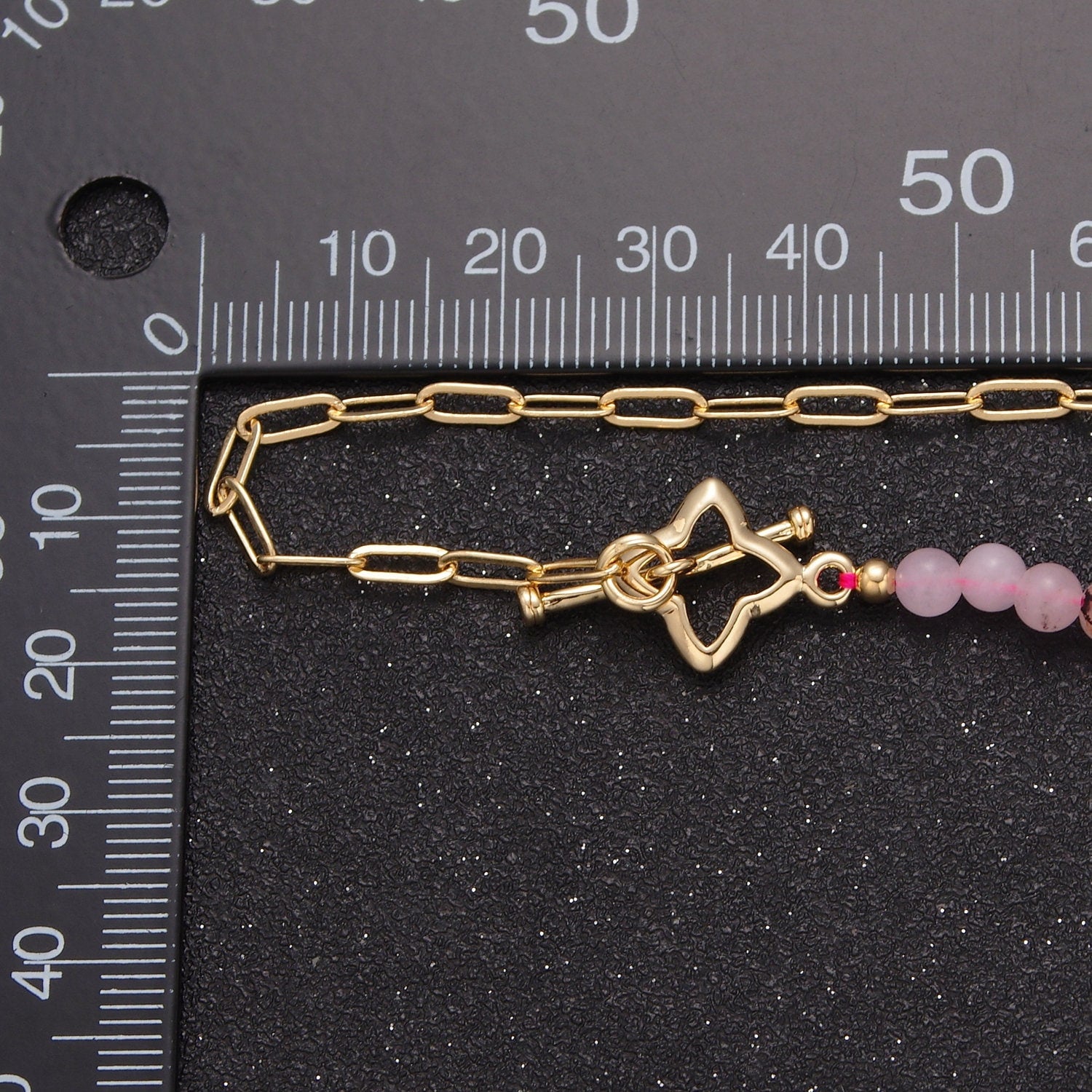 Dainty Half Bead Half Link Chain Necklace, 24k Gold Filled Paperclip Chain with Pink Jade Necklace Toggle Clasp WA-972