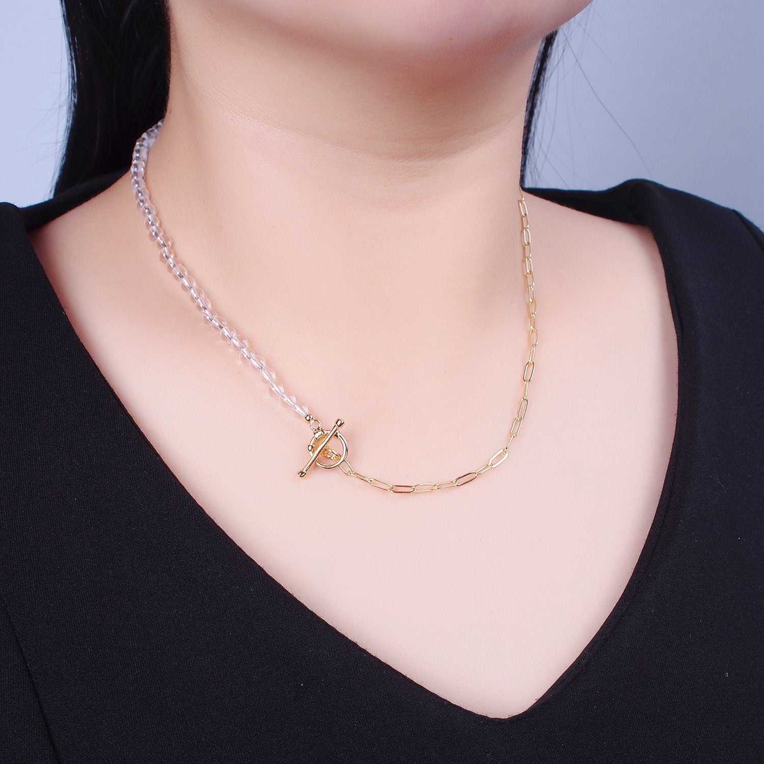 Dainty Half Bead Half Link Chain Necklace, 24k Gold Filled Paperclip Chain with Clear Quartz Necklace Toggle Clasp WA-965