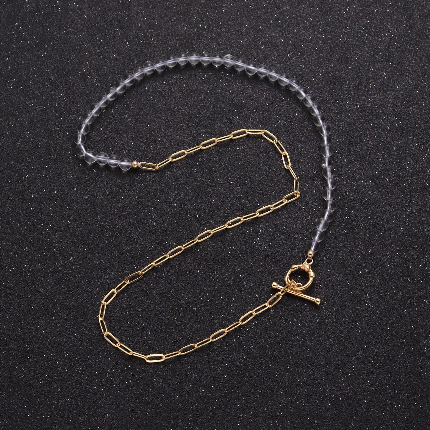 Dainty Half Bead Half Link Chain Necklace, 24k Gold Filled Paperclip Chain with Clear Quartz Necklace Toggle Clasp WA-965