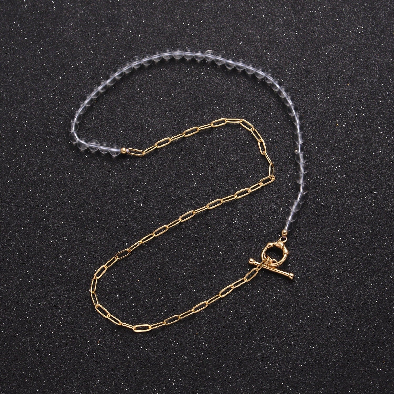Dainty Half Bead Half Link Chain Necklace, 24k Gold Filled Paperclip Chain with Clear Quartz Necklace Toggle Clasp WA-965