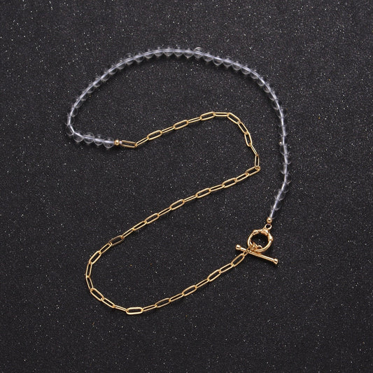 Dainty Half Bead Half Link Chain Necklace, 24k Gold Filled Paperclip Chain with Clear Quartz Necklace Toggle Clasp WA-965