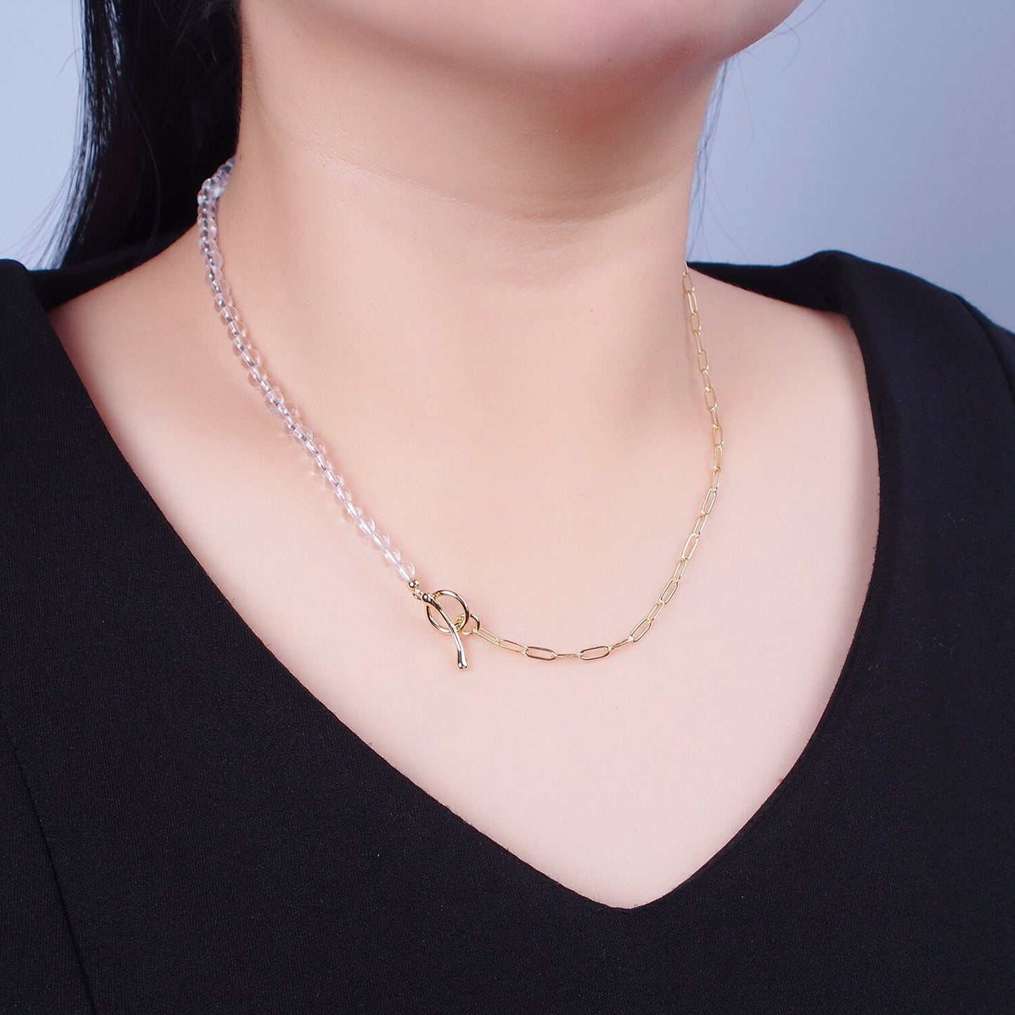 Dainty Half Bead Half Link Chain Necklace, 24k Gold Filled Paperclip Chain with Clear Quartz Necklace Toggle Clasp WA-966