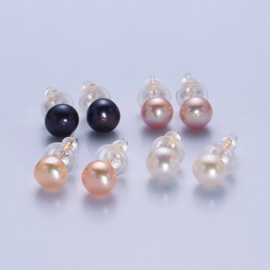 Minimalist Gold Filled Pearl Studs, 9mm-9.5mm Round Black White Pink Purple Gold Earrings, Versatile Bridal/Streetwear Jewelry, T-367