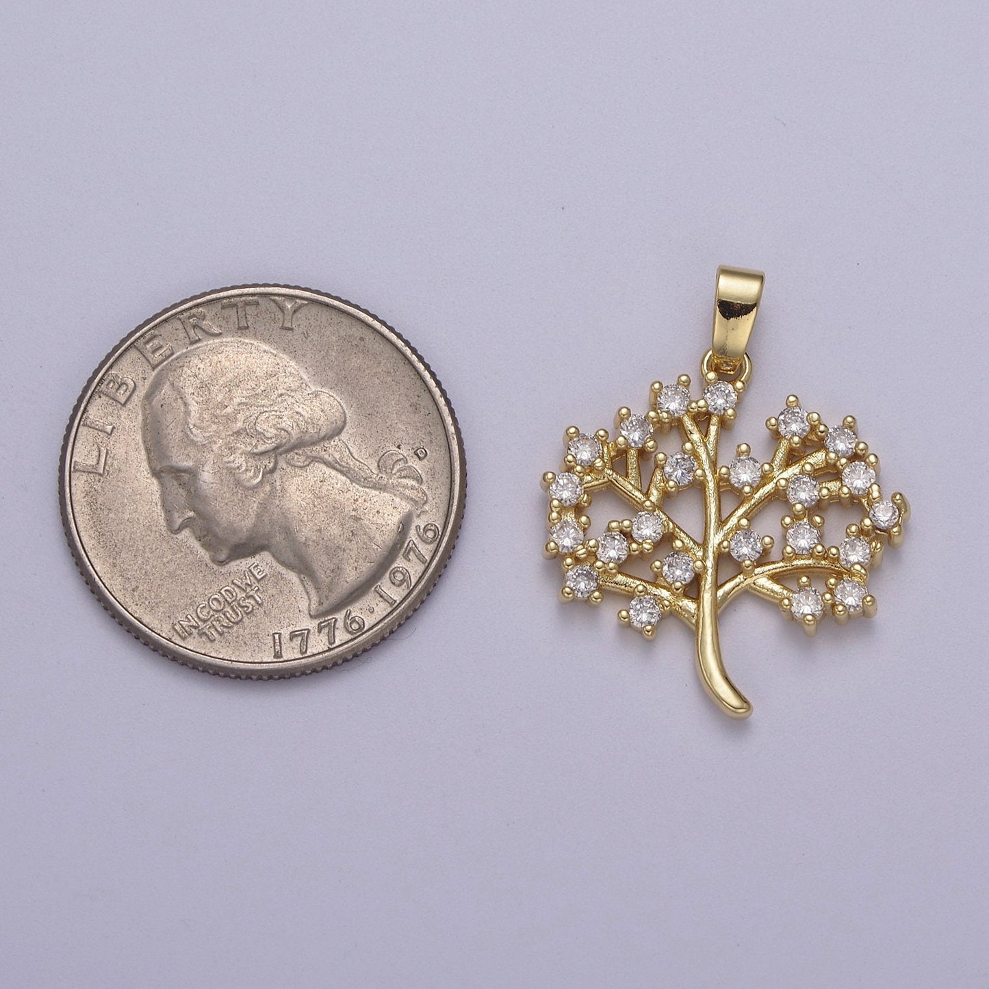 Dainty Gold Tree Pendant with Clear Micro Pave Cz Stone J-504