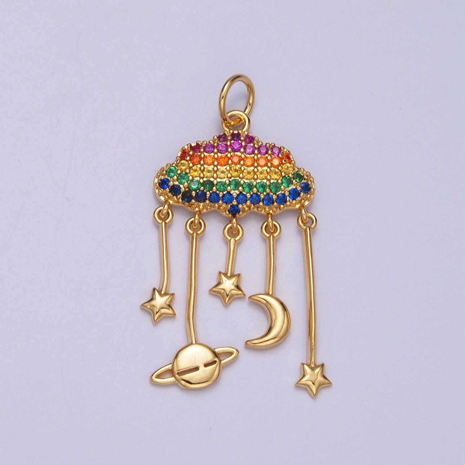 Rainbow Micro Pave Clouds with Celestial Charms: Saturn Planet, Crescent Moon & Stars, Multicolor Charm For DIY Jewelry Making, W-201,W-202