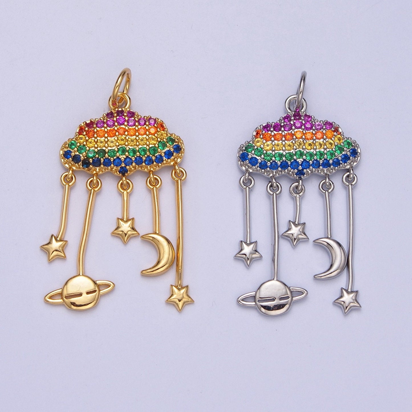 Rainbow Micro Pave Clouds with Celestial Charms: Saturn Planet, Crescent Moon & Stars, Multicolor Charm For DIY Jewelry Making, W-201,W-202