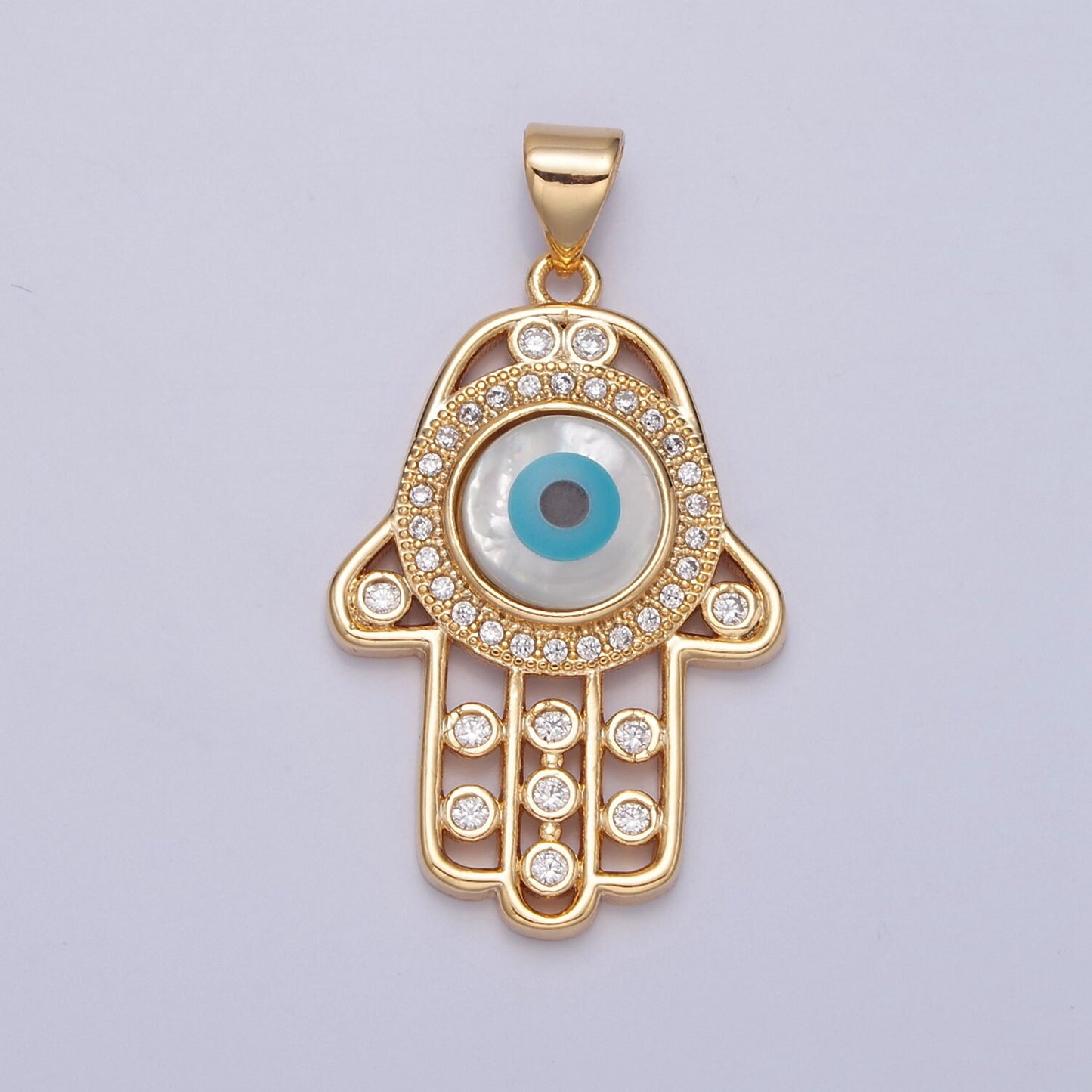 Gold Filled Hamsa Hand Pendant, Micro Pave Clear Cubic Zirconia Evil Eye Charm For DIY Jewelry Making J-602